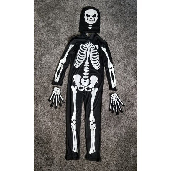Skeleton Halloween Costume w/Hood & Gloves 1/2 Zip Approx Youth LARGE Pre-owned - Picture 9 of 9